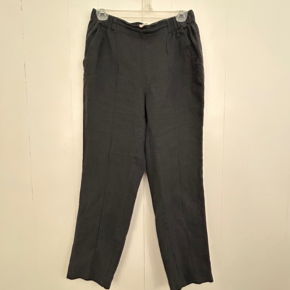 Nicole Miller New York Black 100% Linen Straight Leg Pants Small Elastic Waist